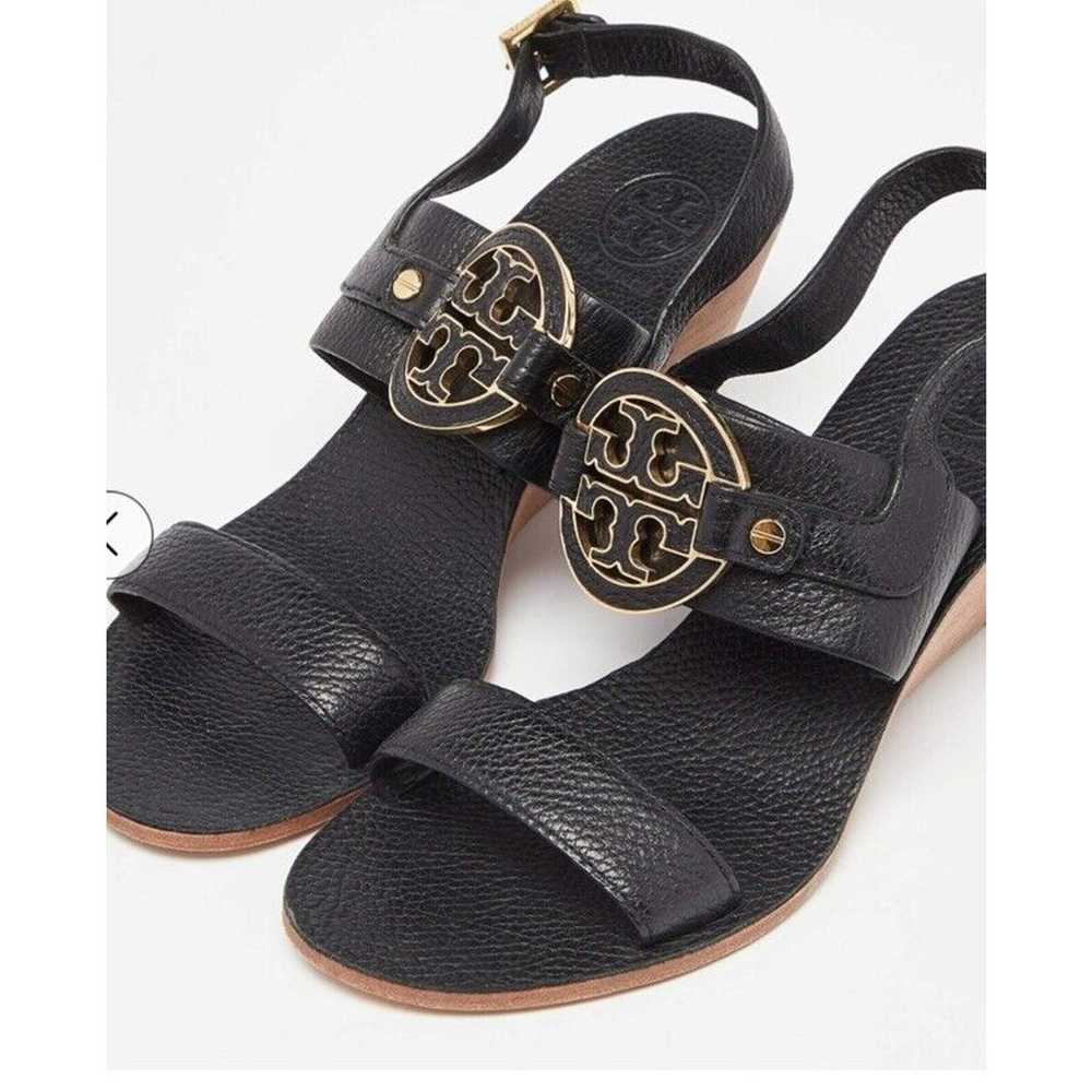 Tory Burch Black Leather Metal Logo Wedge Sandals… - image 1