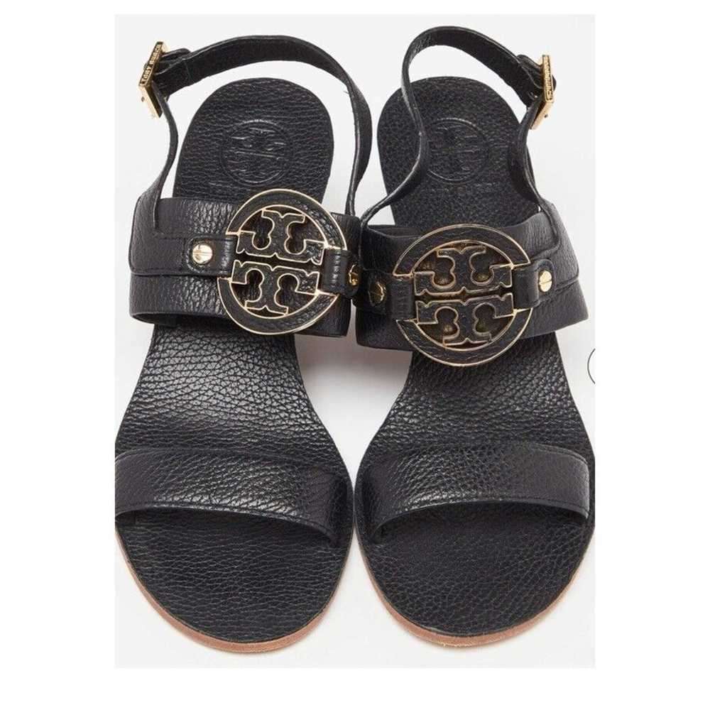 Tory Burch Black Leather Metal Logo Wedge Sandals… - image 2