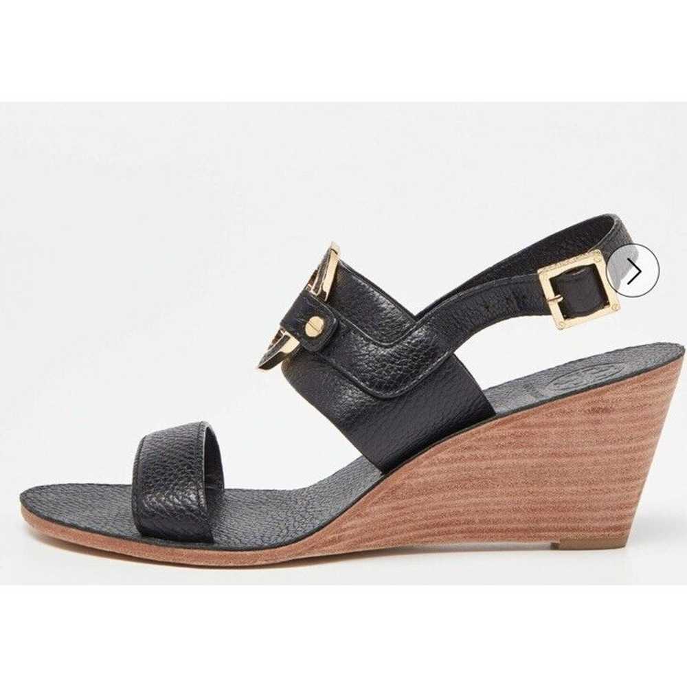 Tory Burch Black Leather Metal Logo Wedge Sandals… - image 3