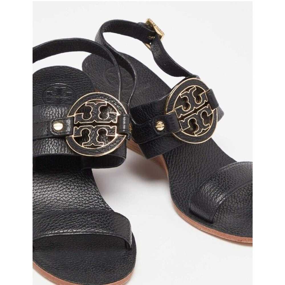 Tory Burch Black Leather Metal Logo Wedge Sandals… - image 4