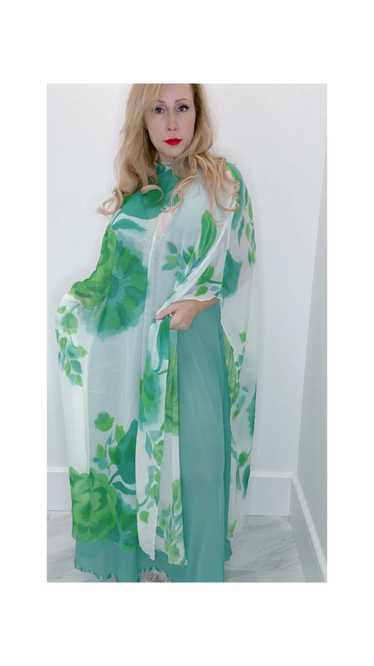 Vintage 60's-70's Silk Chiffon Green Rose Garden K