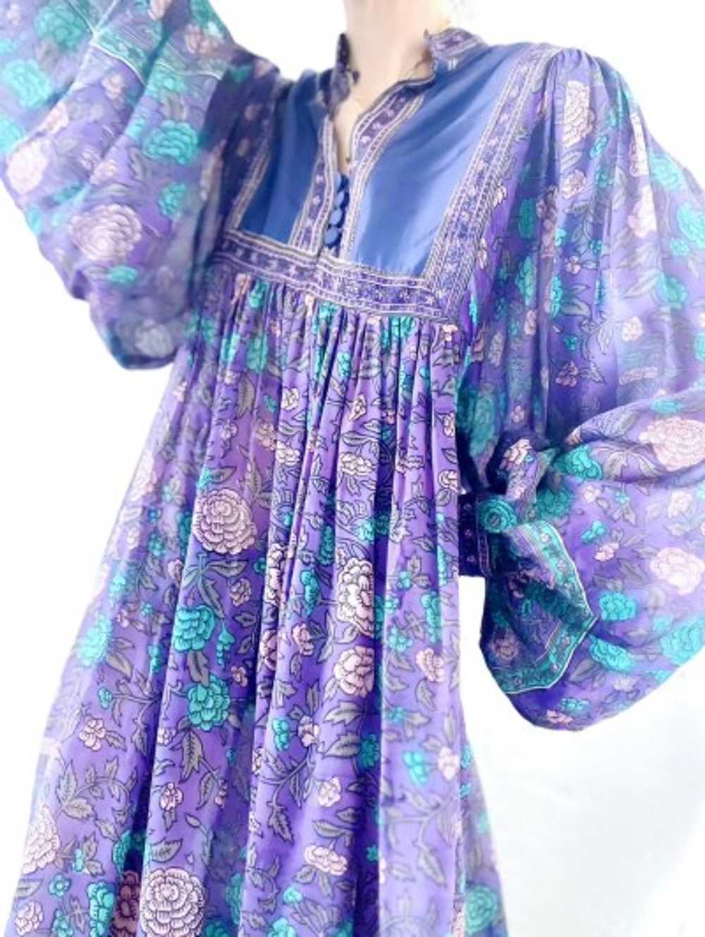 70s silk chiffon India balloon sleeve dress - image 1