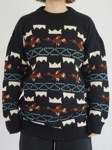 Black Bird Patterned Jumper - L