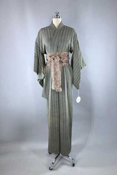 Vintage 1960s Green Pinstripe Silk Kimono