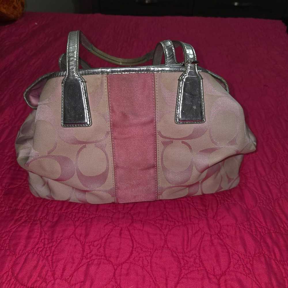 COACH Pink Signature Kisslock Stripe Carry All Ha… - image 1