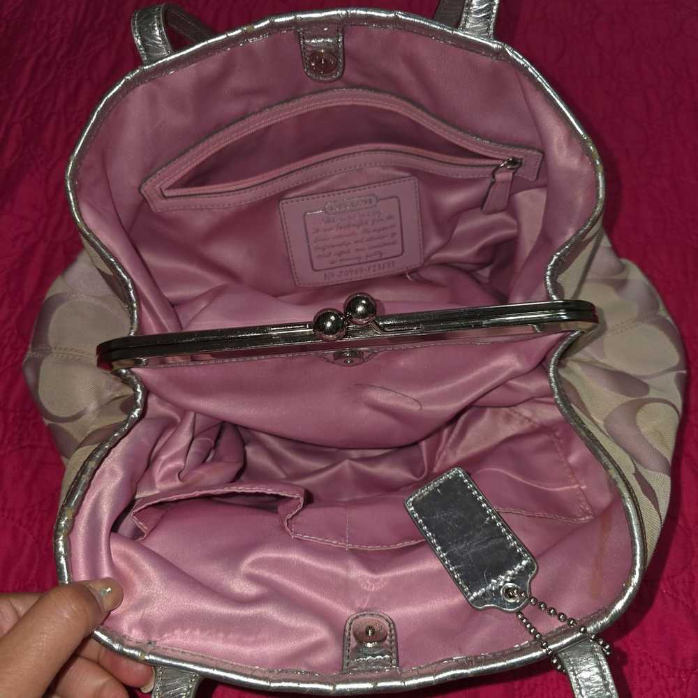 COACH Pink Signature Kisslock Stripe Carry All Ha… - image 8