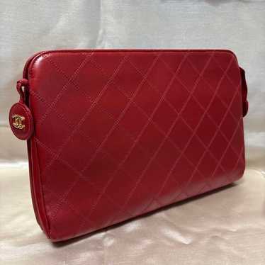 CHANEL Red Leather Quilted Pouch