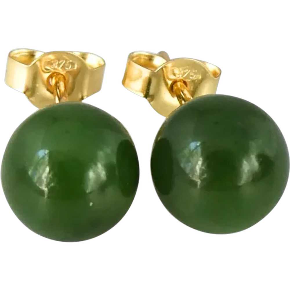 Spinach Green Nephrite Jade 8mm Bead Stud Earring… - image 1