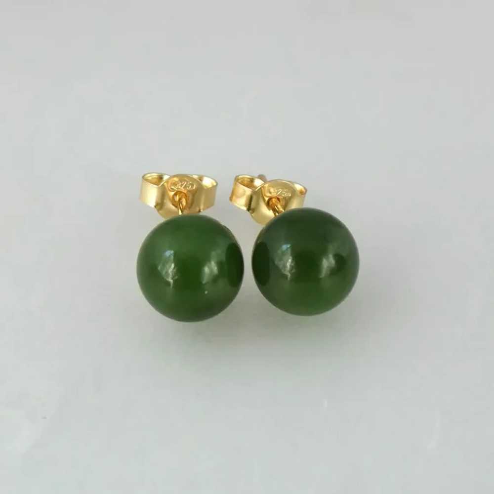 Spinach Green Nephrite Jade 8mm Bead Stud Earring… - image 2