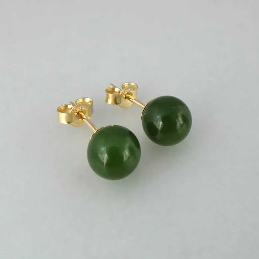 Spinach Green Nephrite Jade 8mm Bead Stud Earring… - image 3