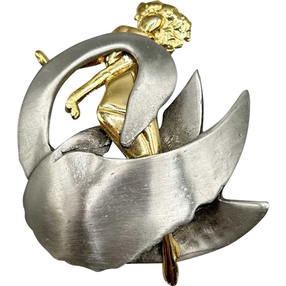 Vintage Ultra Craft Swan & Lady Brooch Pin Two-To… - image 1