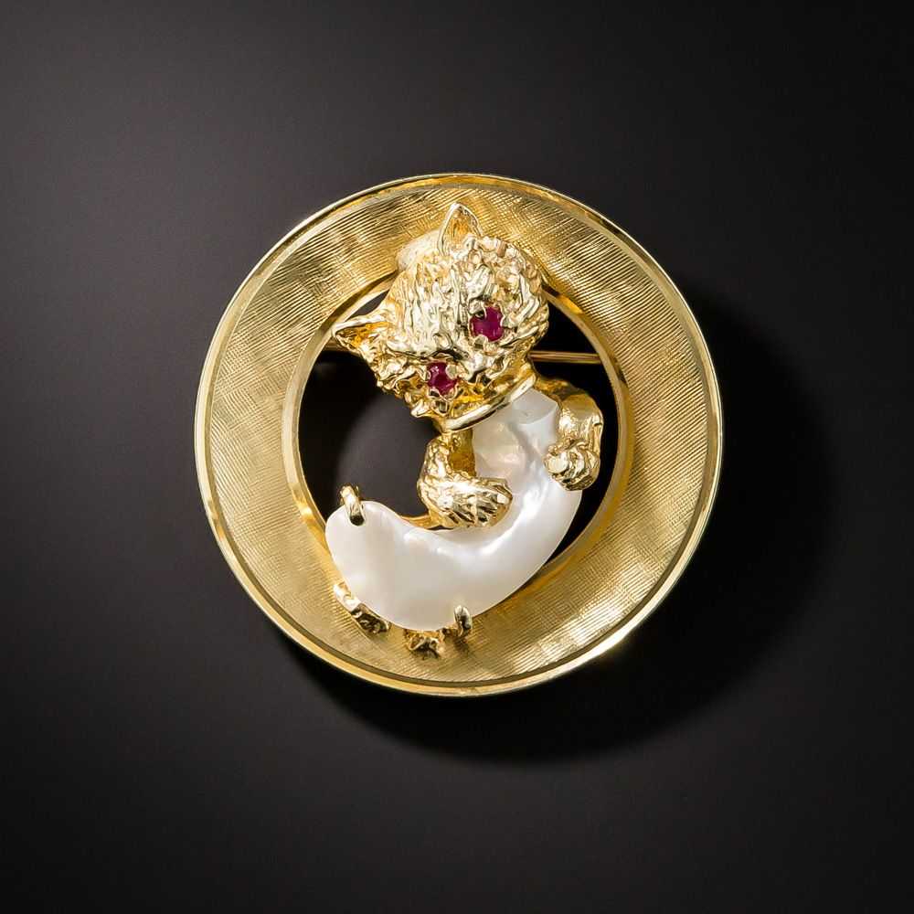 Mid-Century Whimsical Baroque Pearl Cat Pin - image 1