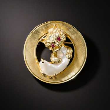 Mid-Century Whimsical Baroque Pearl Cat Pin - image 1