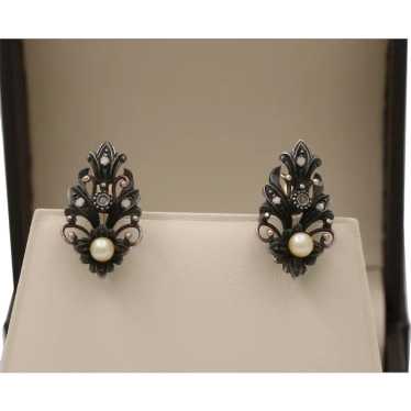 Victorian 10K Gold Diamond And Pearl Earrings