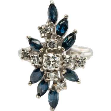 Natural Diamond Sapphire Ring Vintage Flower 14K W