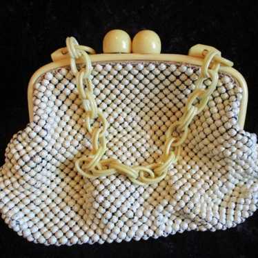 Vintage Off-White Knobby Metal Mesh Handbag w/Plas