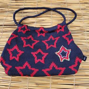 Vintage SAK Knit Purse - Navy Blue with Red Stars… - image 1