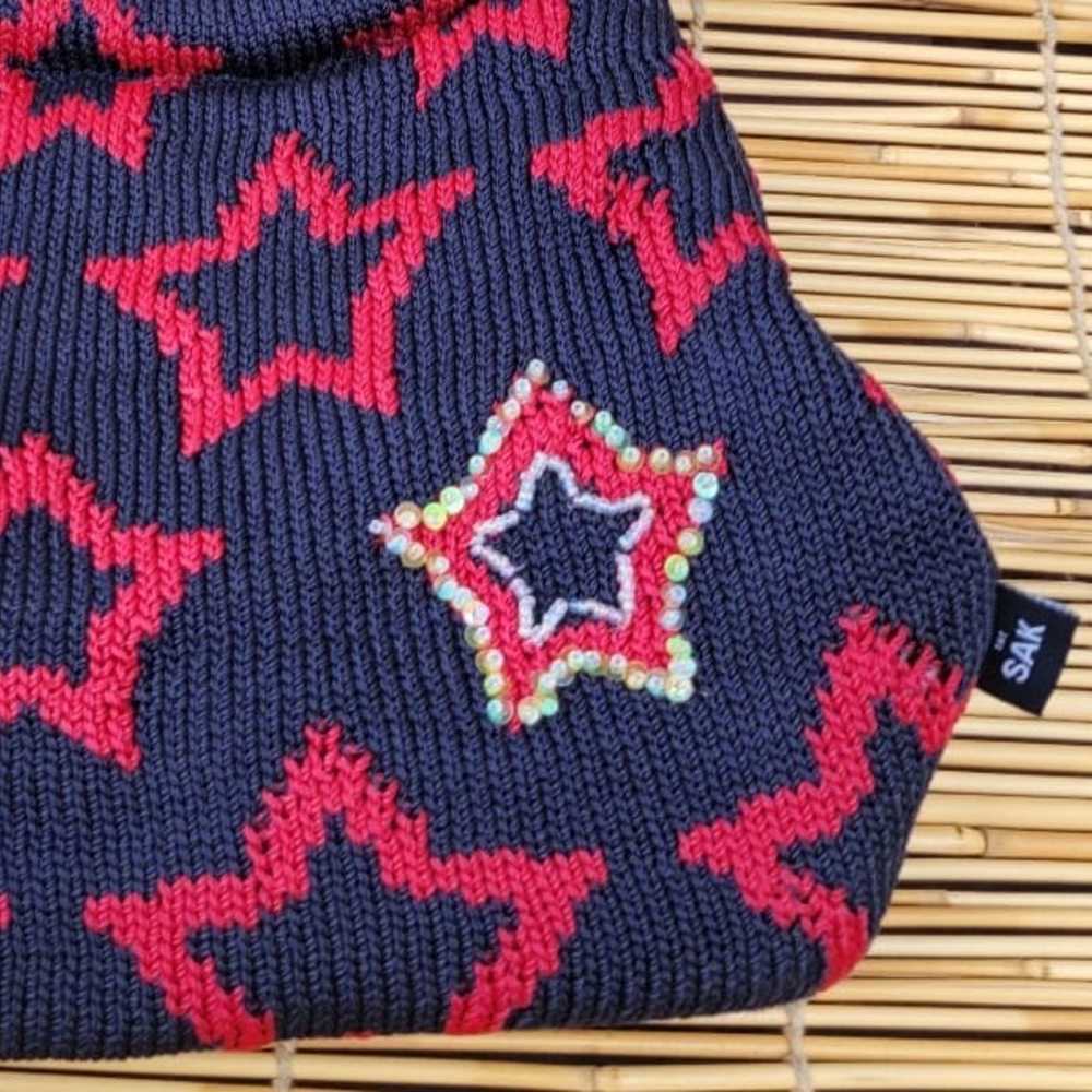 Vintage SAK Knit Purse - Navy Blue with Red Stars… - image 2