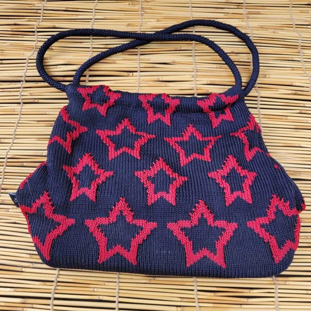 Vintage SAK Knit Purse - Navy Blue with Red Stars… - image 3