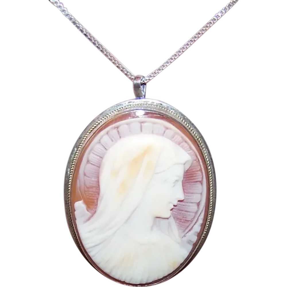 900 Silver Carved Shell Cameo Pin Pendant - Virgi… - image 1