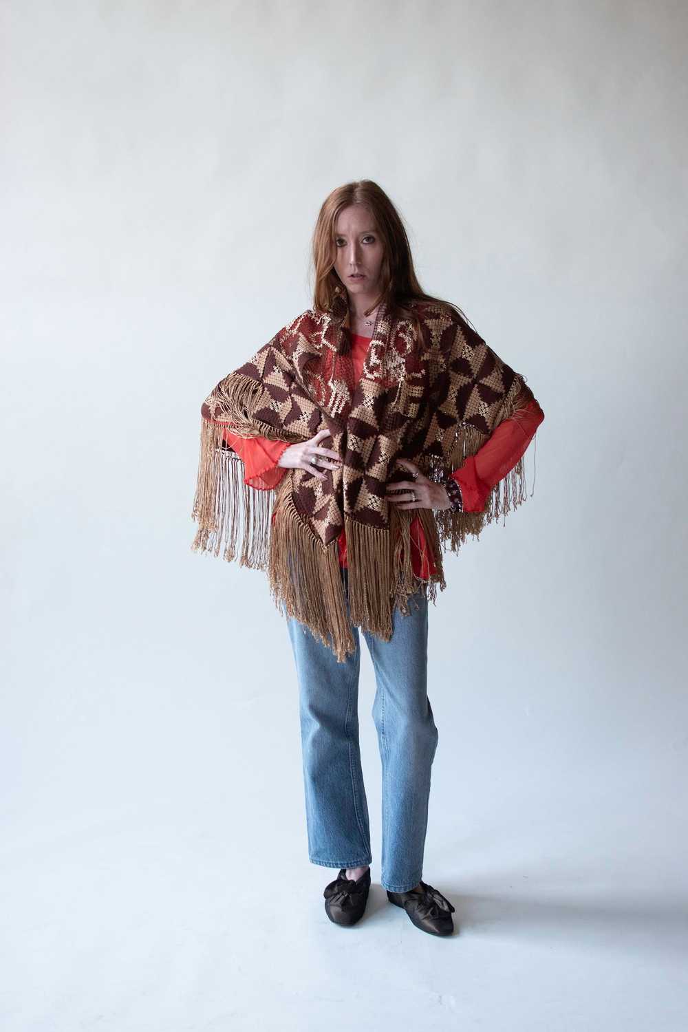 1920s Crochet Fringe Shawl - image 1