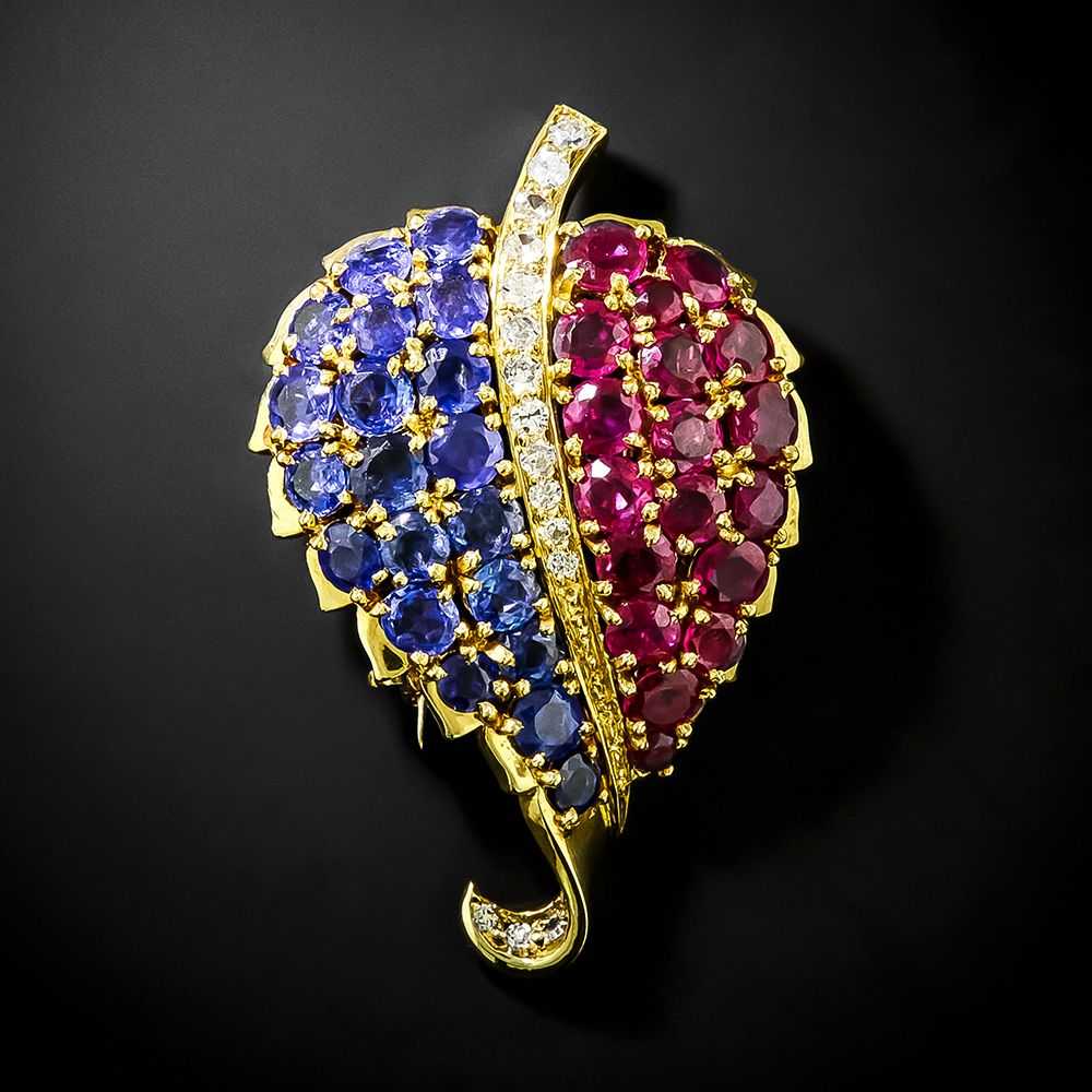 Mid-Century Ruby, Sapphire And Diamond Leaf Brooch - image 1