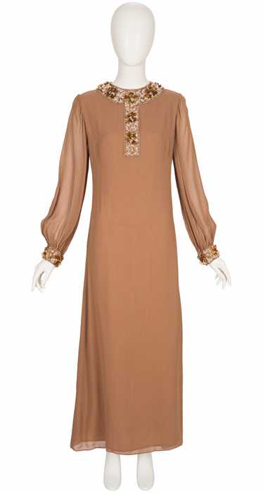 Frank Usher 1960s Embellished Brown Chiffon Evenin