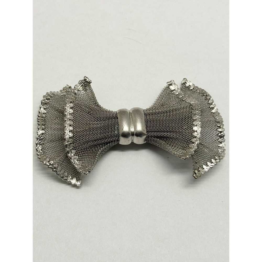 Vintage Vintage silver mesh bow brooch pin - image 2