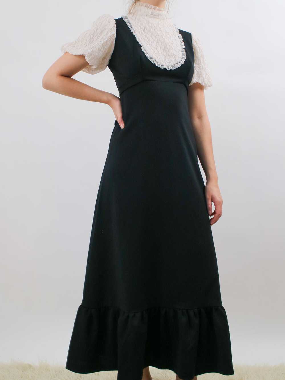 1970s Black Maxi Dress with Ruffled Bib and Puff … - image 1