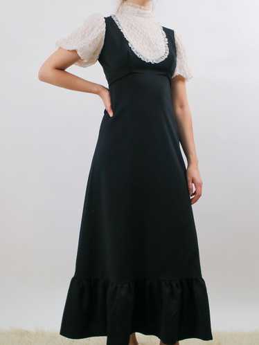 1970s Black Maxi Dress with Ruffled Bib and Puff … - image 1