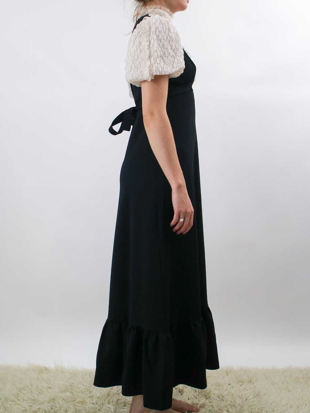 1970s Black Maxi Dress with Ruffled Bib and Puff … - image 2