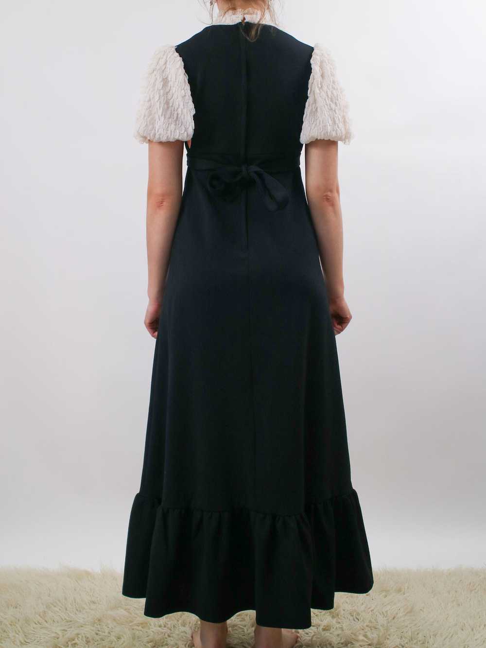 1970s Black Maxi Dress with Ruffled Bib and Puff … - image 3