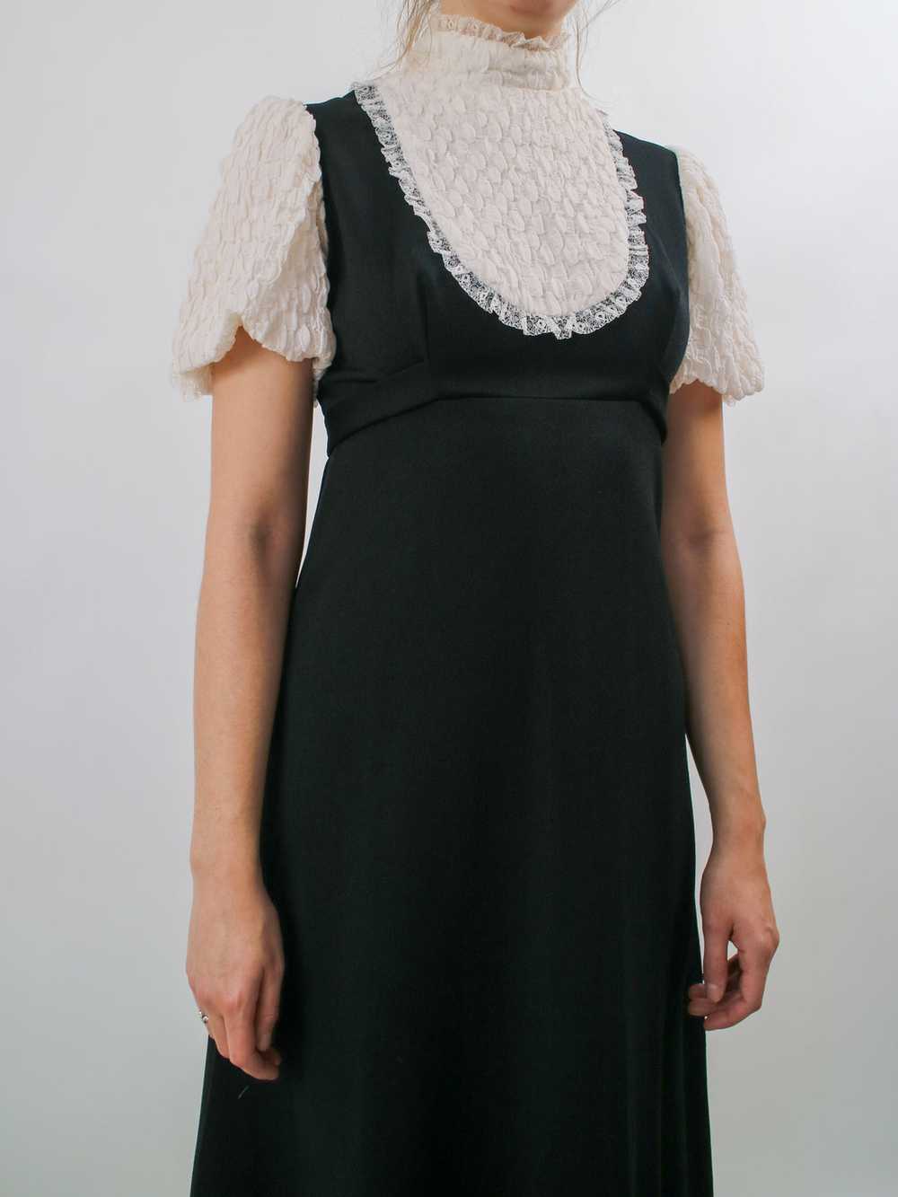 1970s Black Maxi Dress with Ruffled Bib and Puff … - image 4