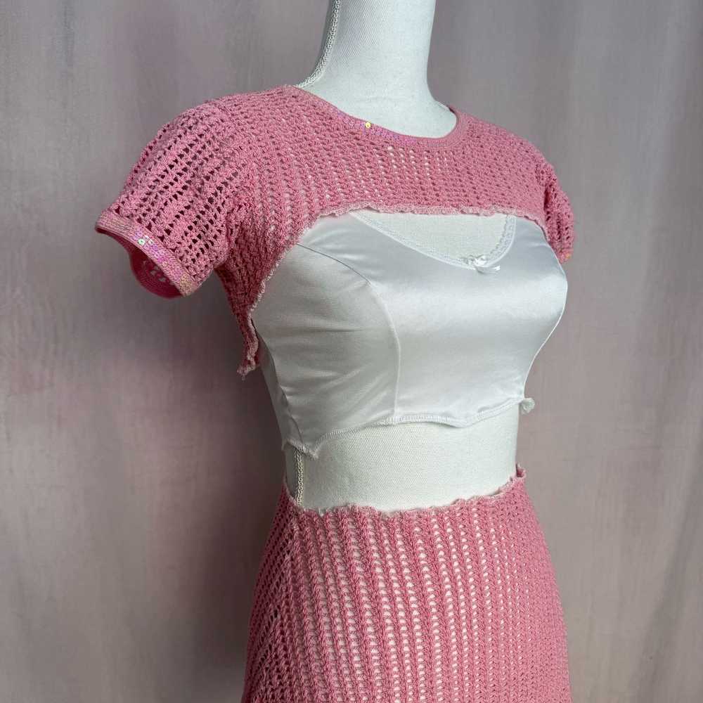 Vintage Upcycled Vintage Pink Crochet Shrug & Ski… - image 10