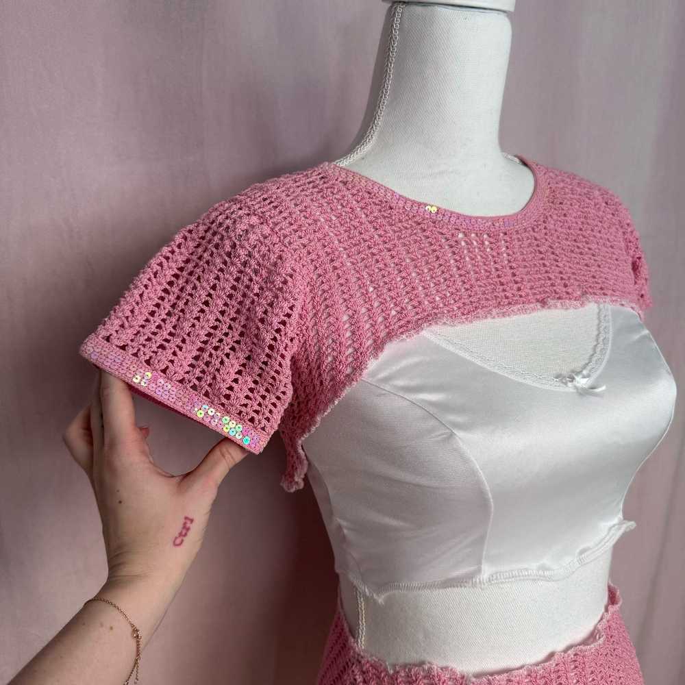 Vintage Upcycled Vintage Pink Crochet Shrug & Ski… - image 4