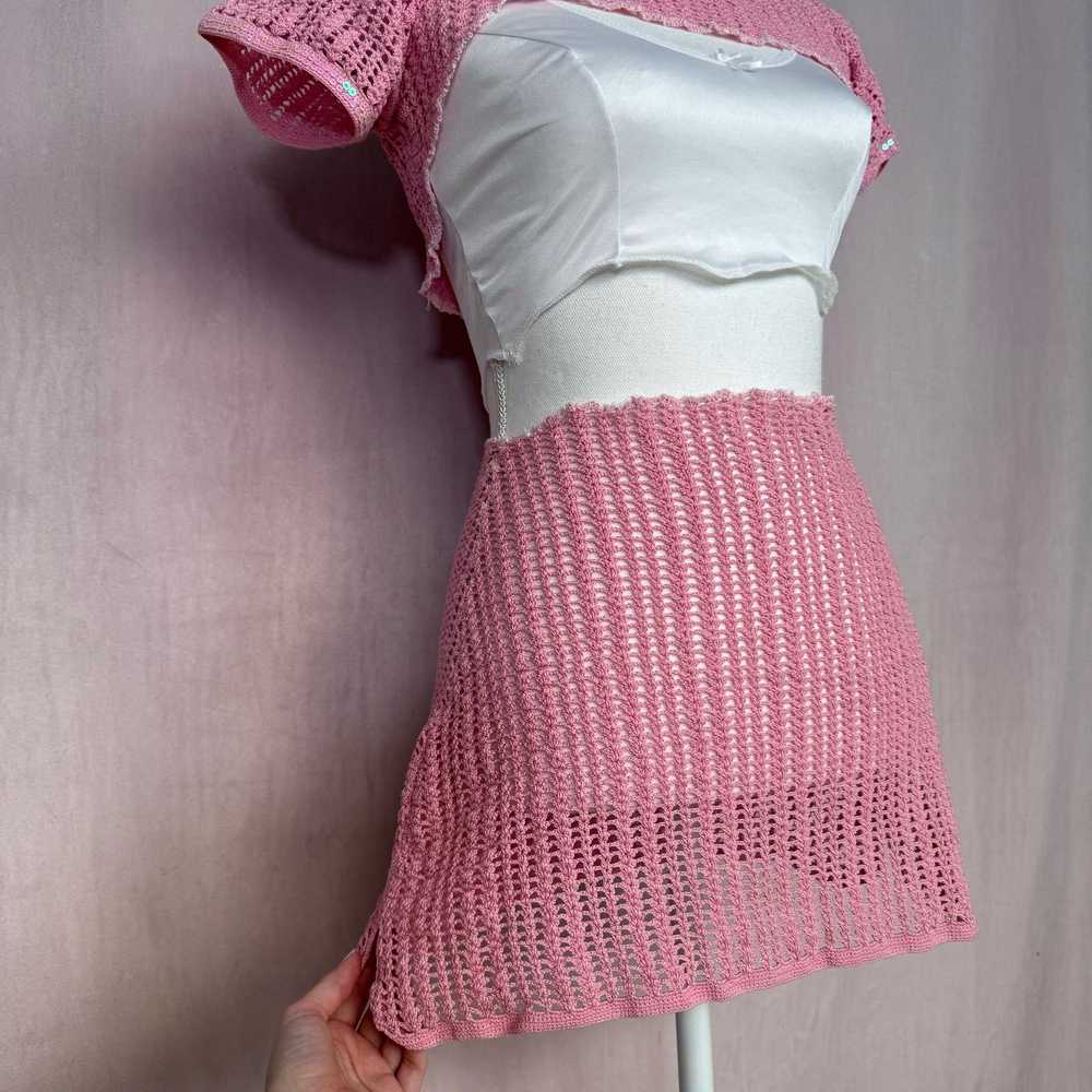 Vintage Upcycled Vintage Pink Crochet Shrug & Ski… - image 5