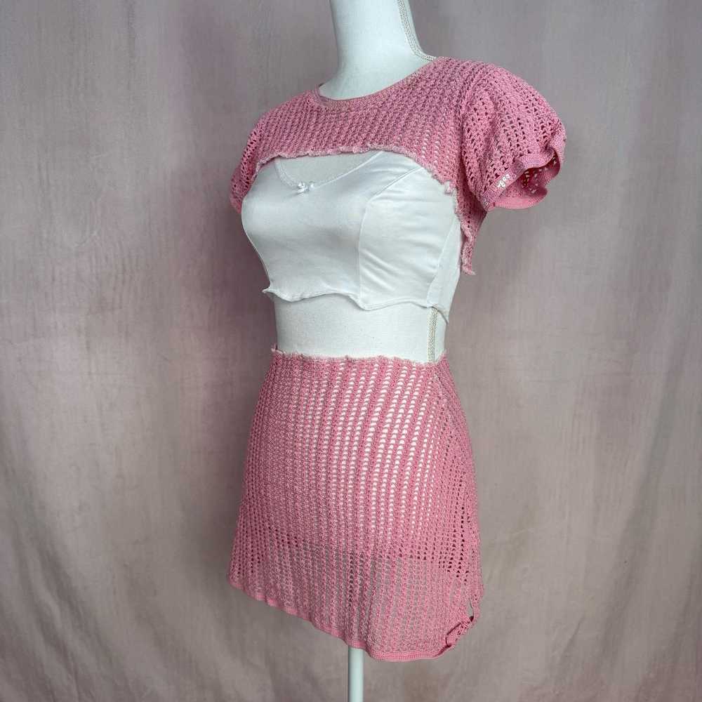 Vintage Upcycled Vintage Pink Crochet Shrug & Ski… - image 6