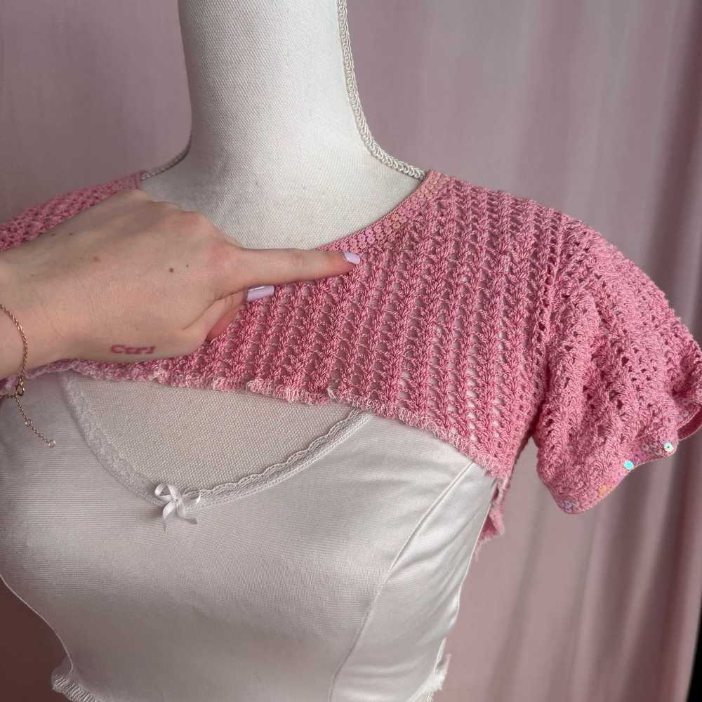 Vintage Upcycled Vintage Pink Crochet Shrug & Ski… - image 7