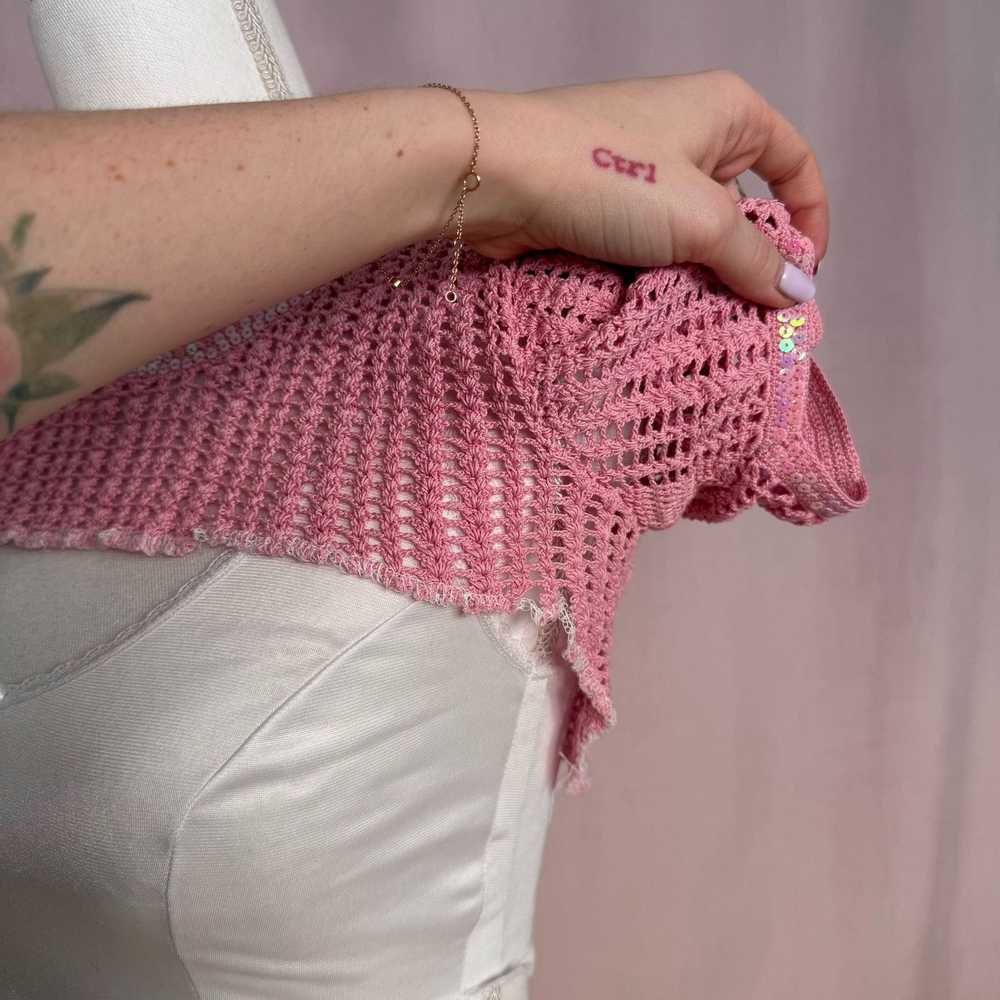 Vintage Upcycled Vintage Pink Crochet Shrug & Ski… - image 8