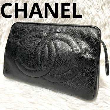 CHANEL Caviar Skin Pouch with Coco Mark Leather in