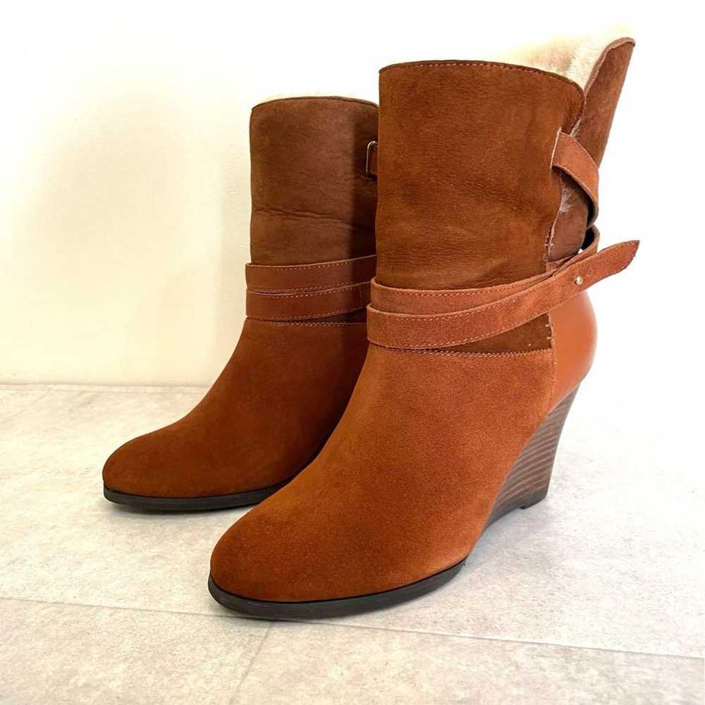 Brown suede wedge heel booties, size 24.5. - image 1