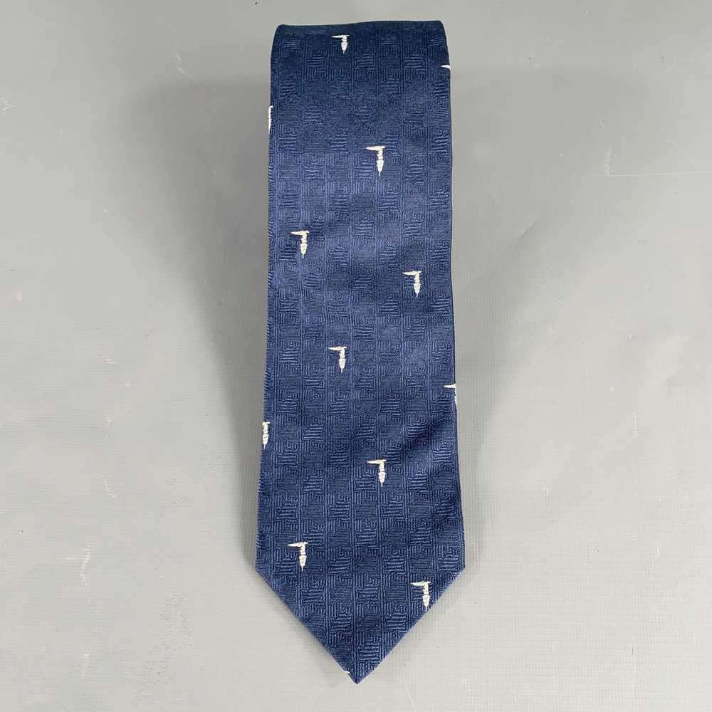 Trussardi Navy White Textured Logo Silk Tie - image 3