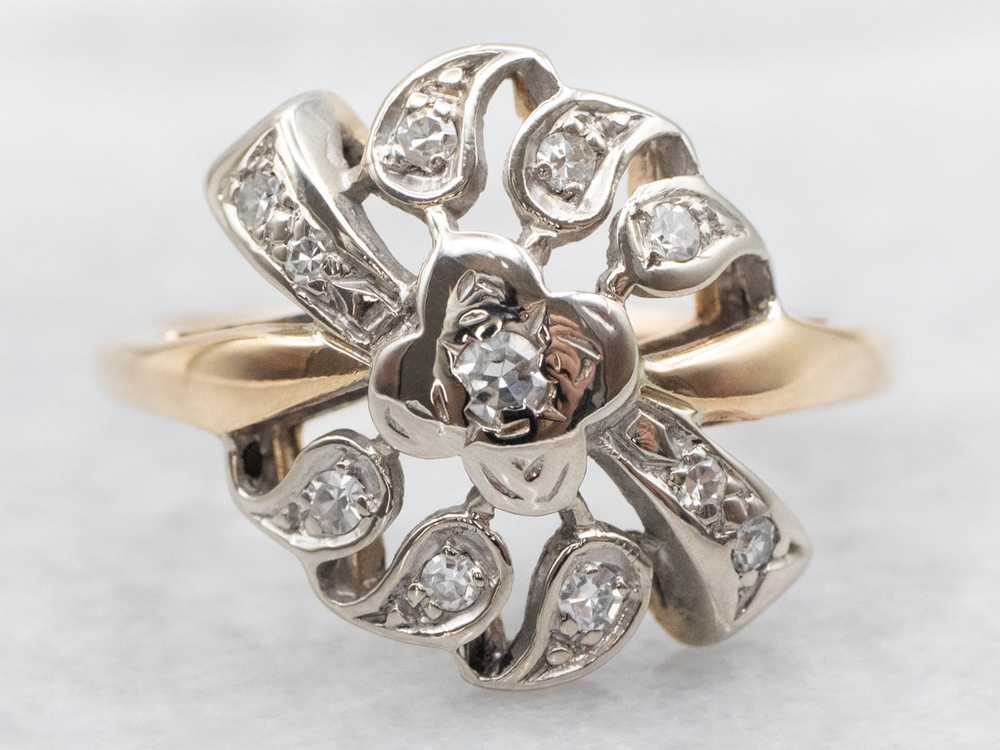 Retro Two Tone Floral Diamond Cocktail Ring - image 1