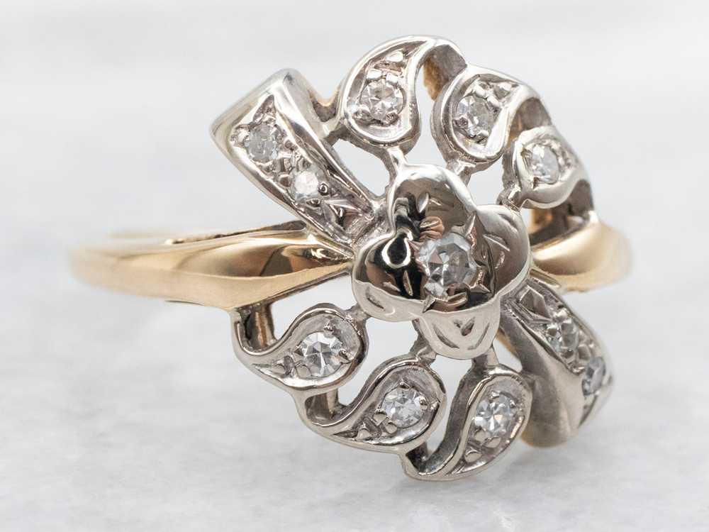 Retro Two Tone Floral Diamond Cocktail Ring - image 2