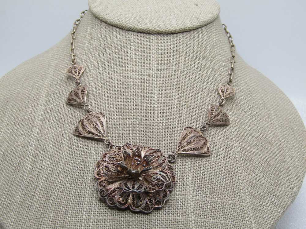 Vintage Sterling Filigree Florall Necklace, Mexic… - image 1