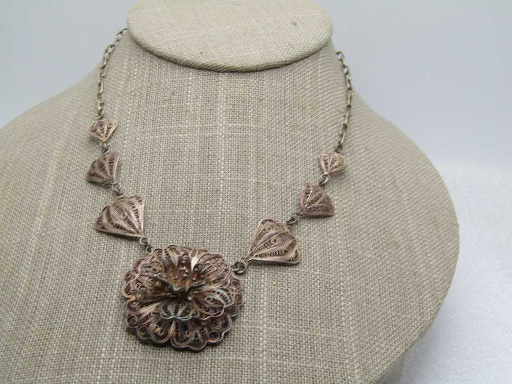 Vintage Sterling Filigree Florall Necklace, Mexic… - image 2