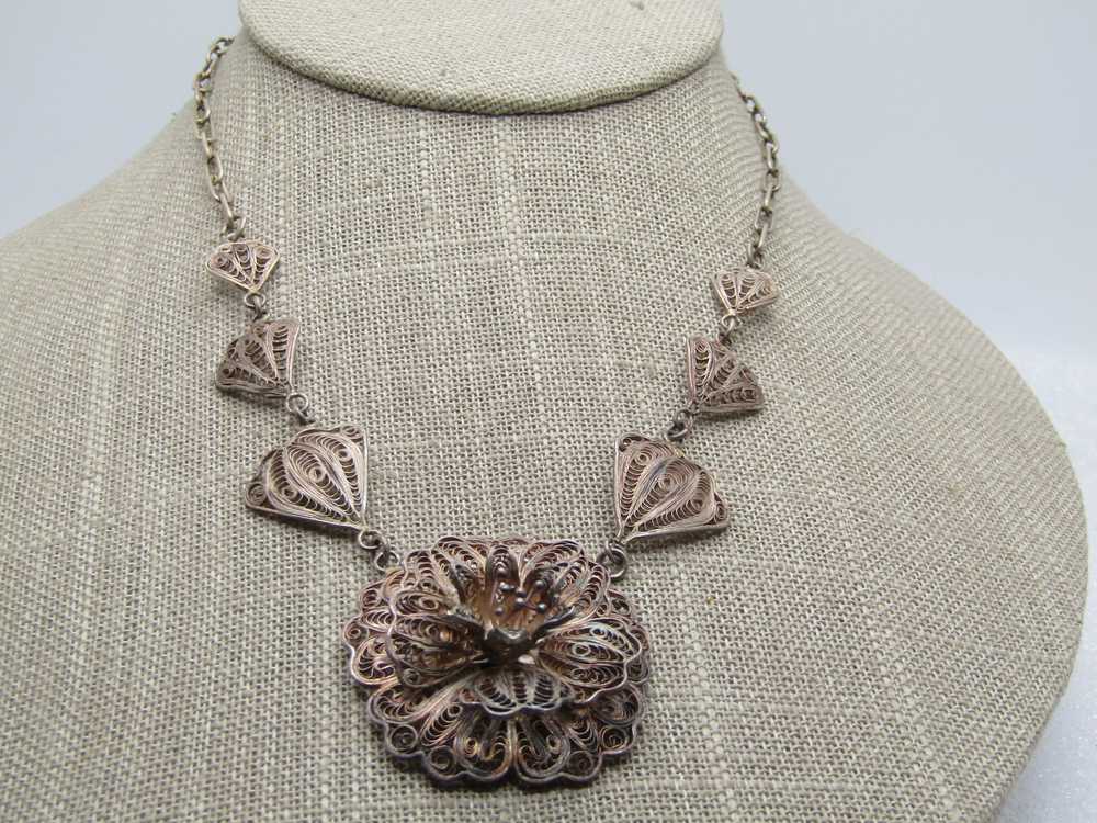 Vintage Sterling Filigree Florall Necklace, Mexic… - image 3