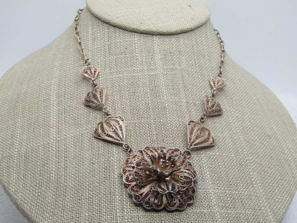 Vintage Sterling Filigree Florall Necklace, Mexic… - image 4