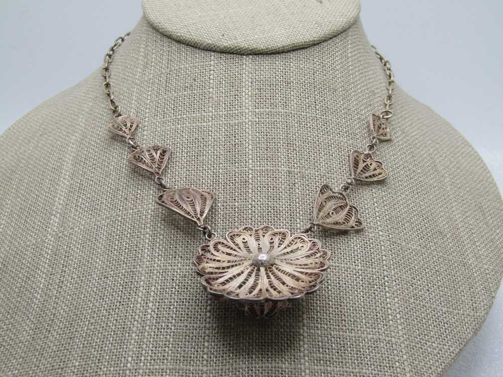 Vintage Sterling Filigree Florall Necklace, Mexic… - image 5