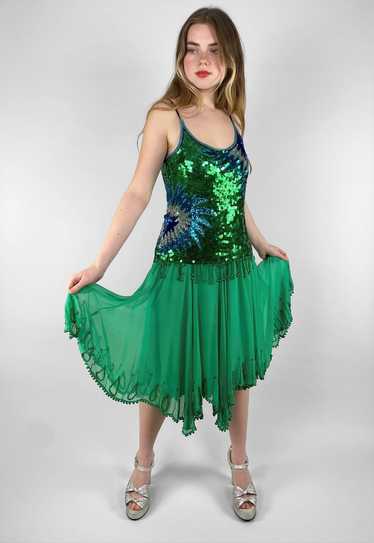 Frank Usher 80's Slip Sequin Green Vintage Midi Dr